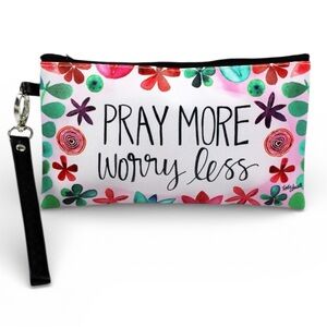 NWT Pray More Worry Less Zippered Pouch | Faith Quote Wristlet Cosmetic Bag